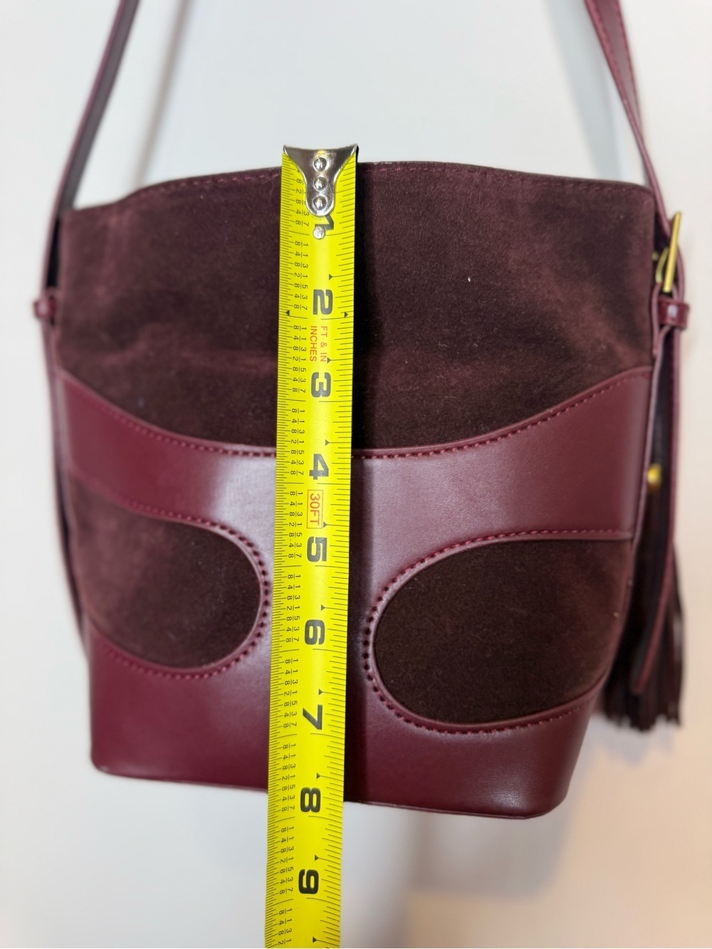 Women’s Burgundy Shoulder Bag - Sleek faux Suede & Leather Design - Picture 7 of 8